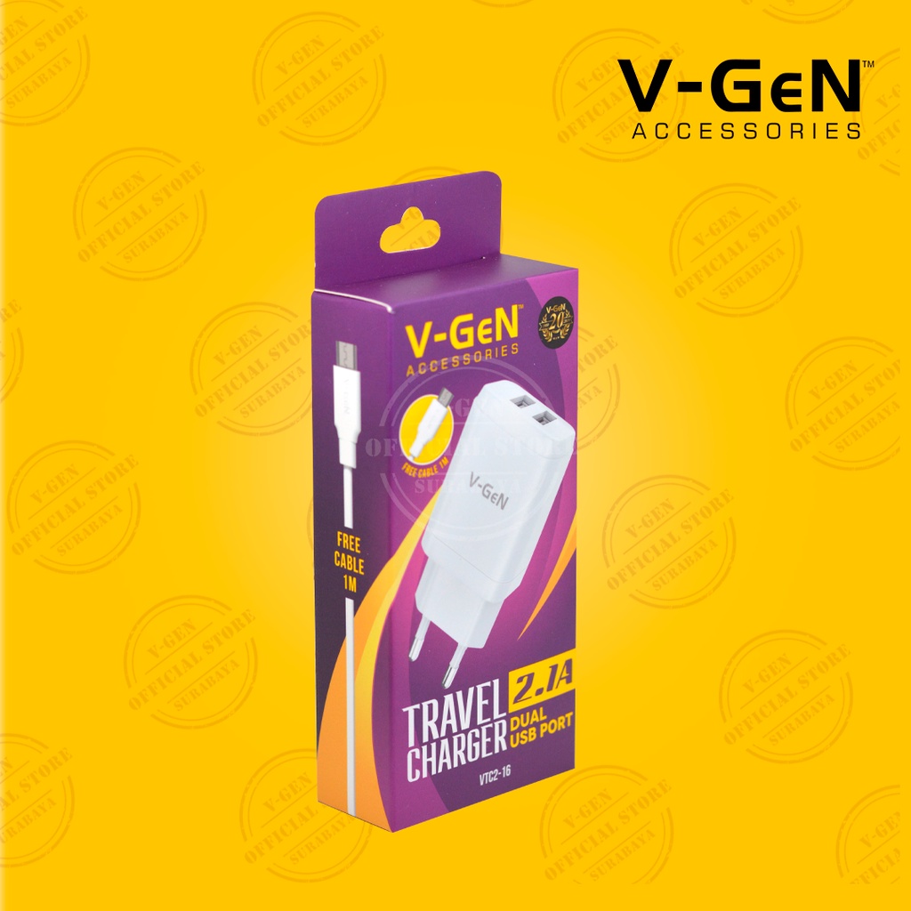 Adaptor Charger V-GeN VTC2-16 2.1A Dual Port USB Travel Charger VGEN
