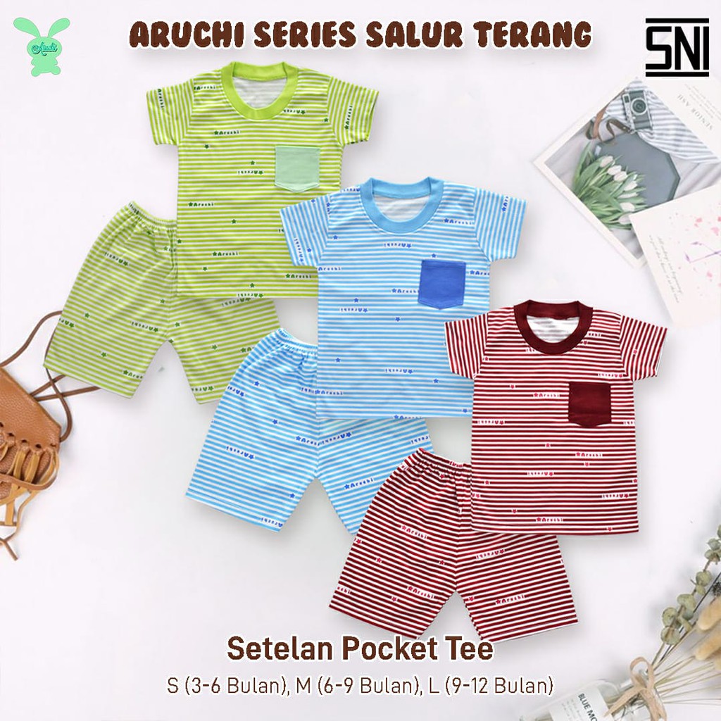 Setelan Pendek Pocket Salur Bayi Aruchi SML,XL,XXL bahan Cotton Lembut CBKS