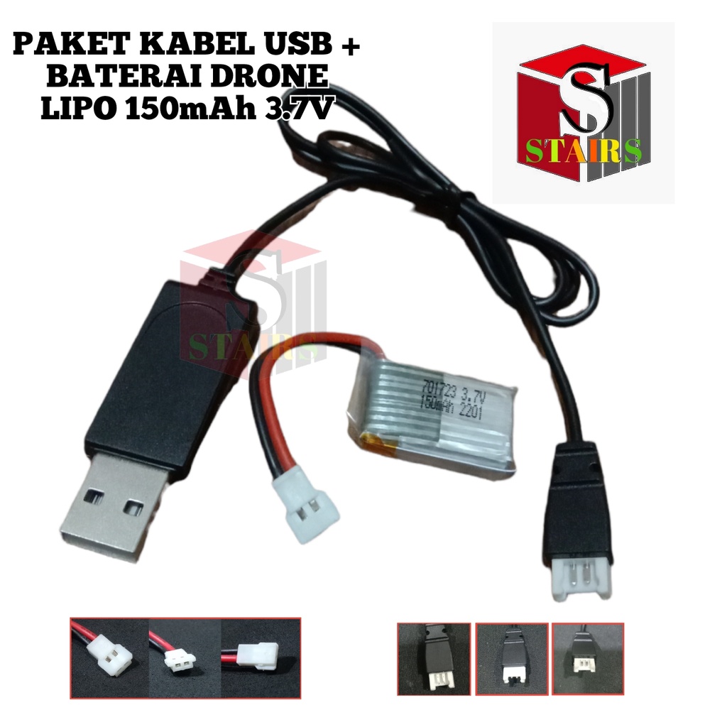 Paket Kabel USB + Baterai Mainan Anak DRONE LIPO 150mAh 3.7V Konektor JST LOSI