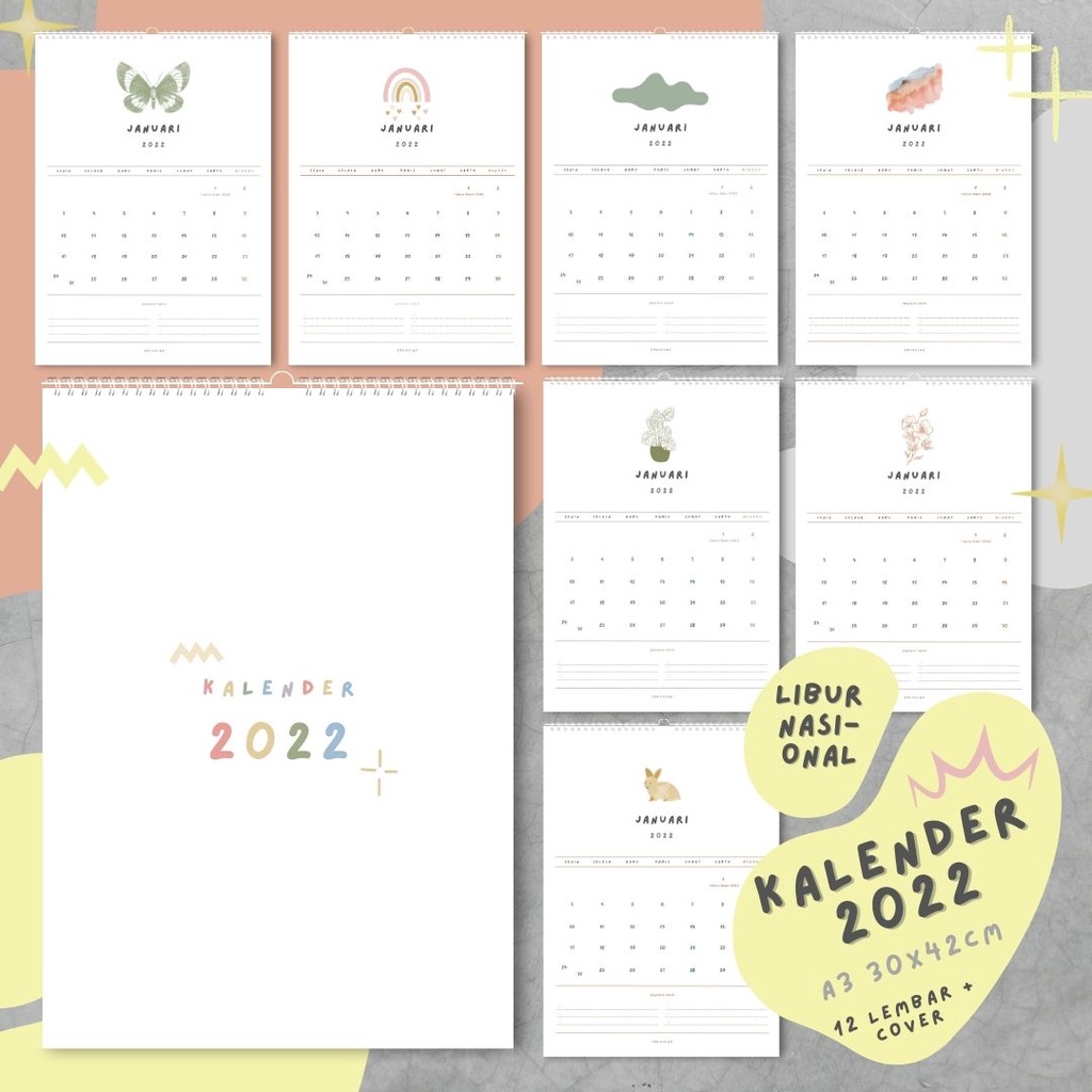 

Kalender Dinding 2024 - A3 - Kalender Aesthetic 2024 - 12 lembar + Cover (Libur nasional)