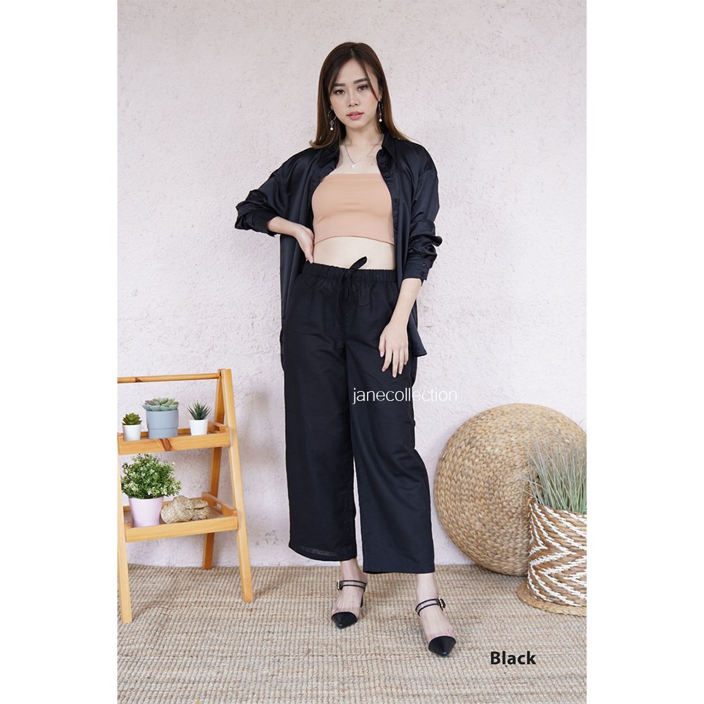 JANE COLLECTION | Celana Panjang Kulot Wanita Kerja Linen Rami Bianca Pants High Waist Cullote Hitam