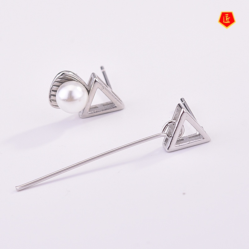 [Ready Stock]925 Silver Female Sweet Pearl Triangle Earrings