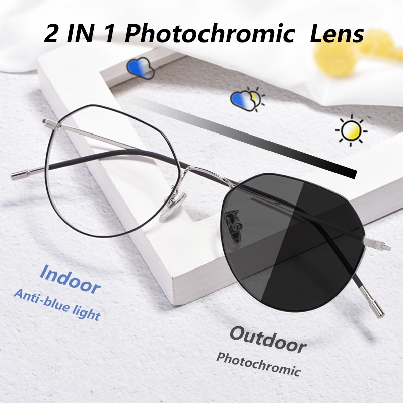 Kacamata Photochromic Anti Radiasi Bingkai Poligon Bahan Logam Gaya Retro Untuk Pria Dan Wanita