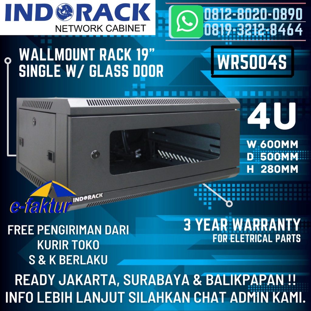 INDORACK WALLMOUNT 4U DEPTH 500MM SINGLE DOOR - RACK SERVER 4U - WR5004S Not ABBA FORTUNA