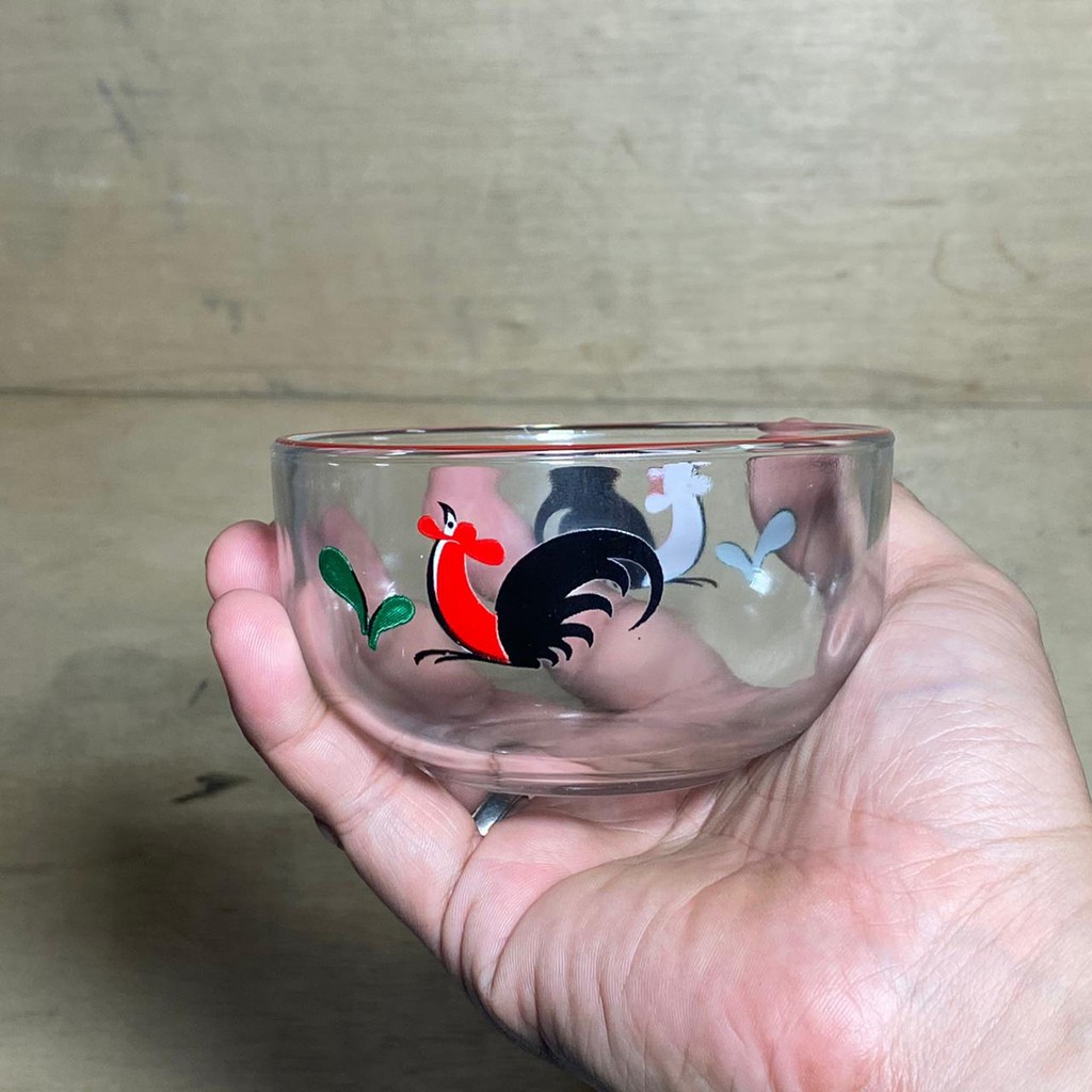 Mangkok Kaca SLB 4 Ayam Jago / Polos + Tutup KIG