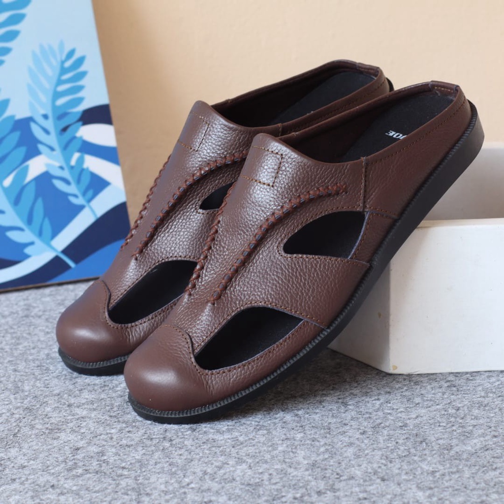 Enoz Bustong - Sepatu Selop Kasual Pria Kulit Asli Original Handmade Formal Keren Kondangan Pesta Slip On Slop Keren Cowok/Laki Dewasa