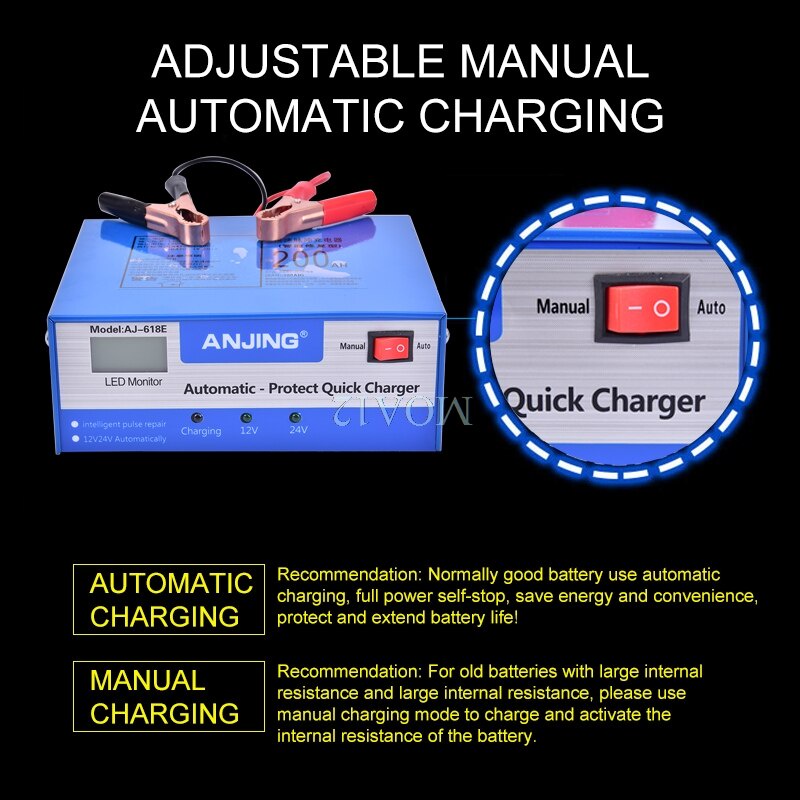 Charger Aki Mobil Lead Acid Smart Battery Charger 12V/24V 10A-105AH - 10A 130W Charger Aki Accu MobilLCD - AJ-618E