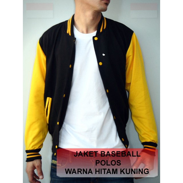 PROMO JAKET BASEBALL POLOS HITAM LENGAN KUNING SWEATER 