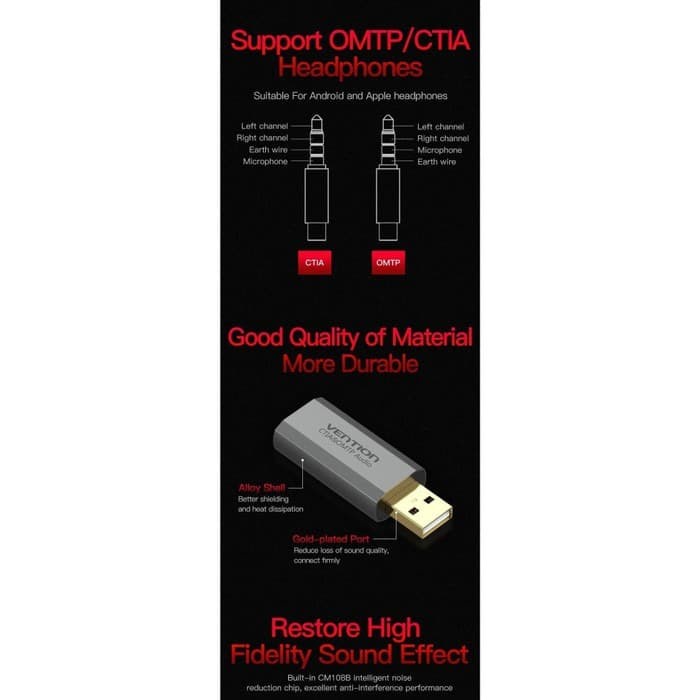 KOMPUTER & LAPTOP KOMPONEN KOMPUTER VENTION S19 UNIVERSAL EXTERNAL USB SOUND CARD SINGLE HOLE CTIA O