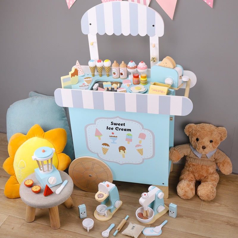Wooden Ice Cream Cart mainan edukasi gerobak es krim dorong kayu anak