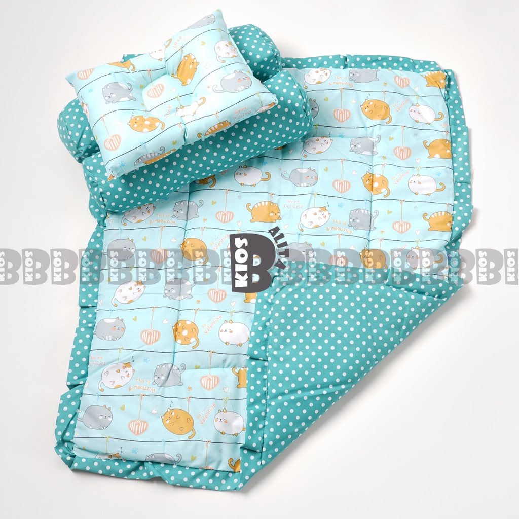 BED COVER SET BAYI Bed Cover Bayi Bantal Guling Selimut Bayi Tempat Tidur FREE tas mika Kado Lahiran-MEONG BLUE