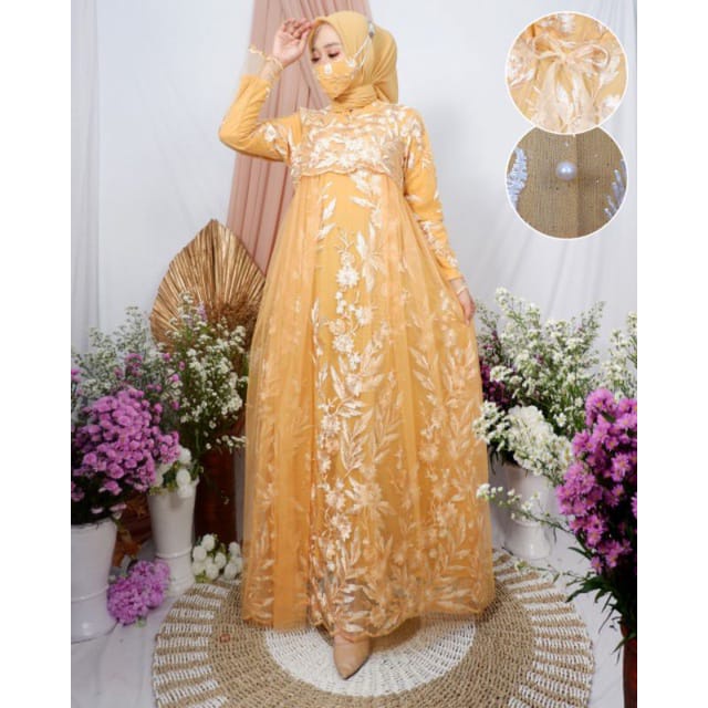 Gamis Pesta Ozias Full brukat Tile slendang Gamis brokat premium mewah pinggang mutiara mymyfashion 