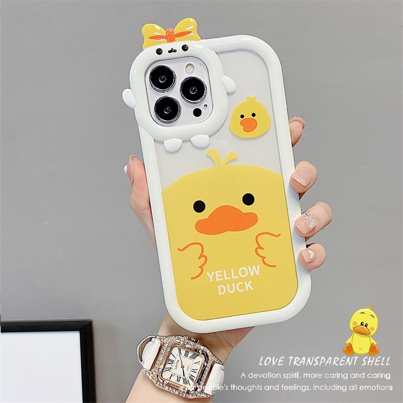 Soft Case Compatible for iPhone 14 13 12 11 Pro Max X XR Xs Max SE 2020 iPhone 6 6s 7 8 Plus iPhone 14 Plus Cartoon Cute Little Yellow Duck Transparent Phone Case 3D Lens Cover Protection Surface TPU Shockproof Anti-skid Mobile Phone Cover Casing