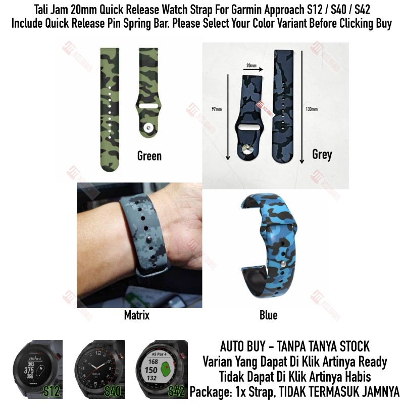 RMY Tali Jam 20mm Watch Strap Garmin Approach S12 / S40 / S42 - Camo Army Rubber Silikon