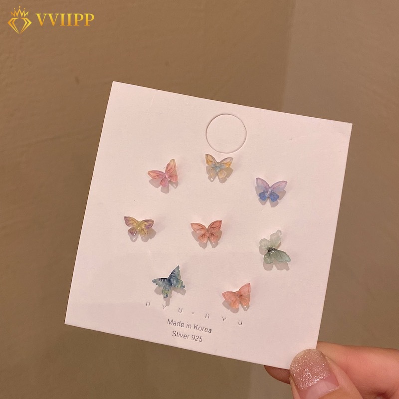 8Pcs Korean Colorful Acrylic Butterfly Earrings Fashion 925 Silver Stud Earrings Women Jewelry Accessories