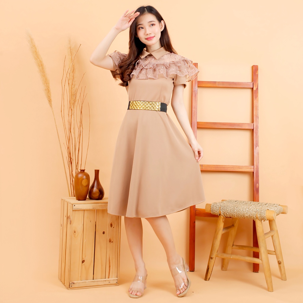 Kathryn collection #4209 , Dres scuba import kombinasi tile bordir gliter mutiara + belt