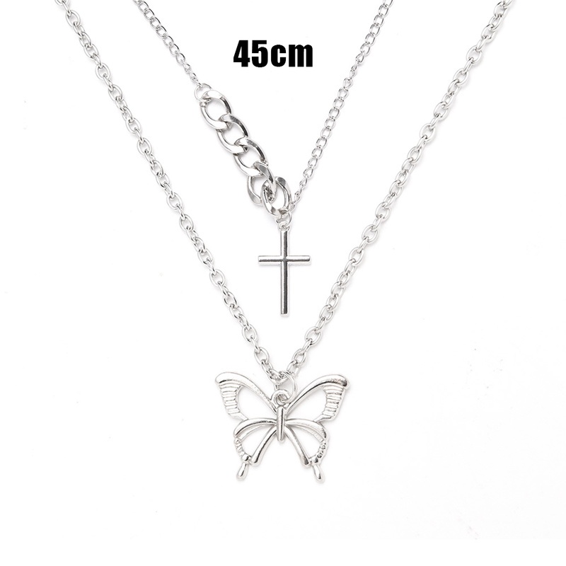 Kalung Multilayer Liontin Butterfly Cross Bahan Metal Gaya Vintage Hip Hop Untuk Wanita