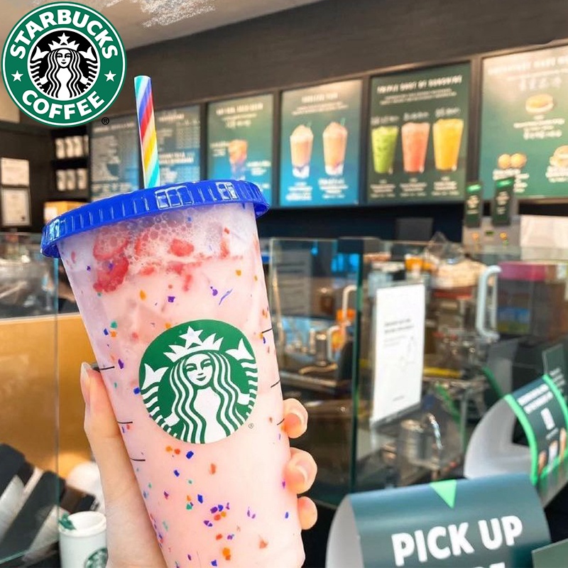 Starbucks Confetti Cup Reusable Color Changing Rainbow Cup Cold Cup with Straw