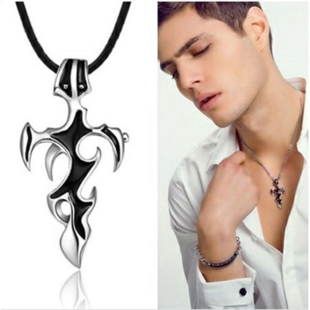 Flame Necklace Men's Necklace Pendant Cross Clavicle Chain Leather Cord Accessories