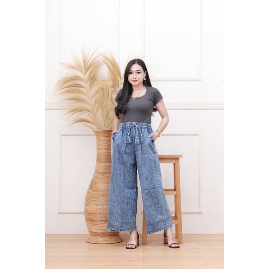 Jeans kulot masa kini - all size - pinggang karet - tali depan - bahan denim