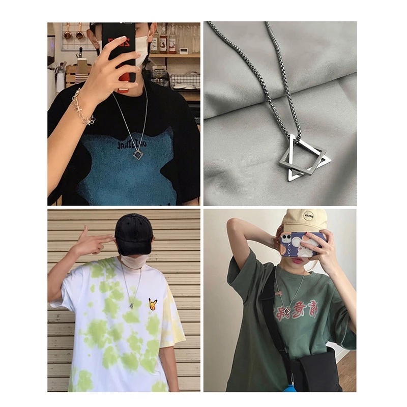 Liontin Logam Perhiasan Pesona Kalung Modern Populer Persegi Segitiga Geometris Susun Streetwear Kalung