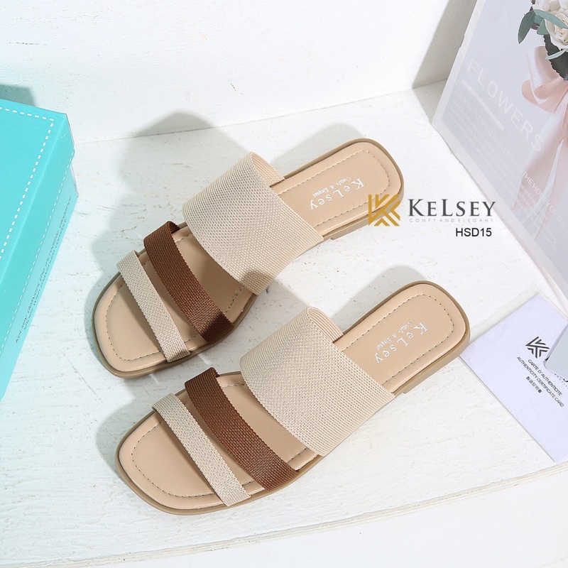 Kelsey Sandal Slop Wanita Import HSD15 Bahan Kulit Cantik Bangget Sandal Flat 1cm