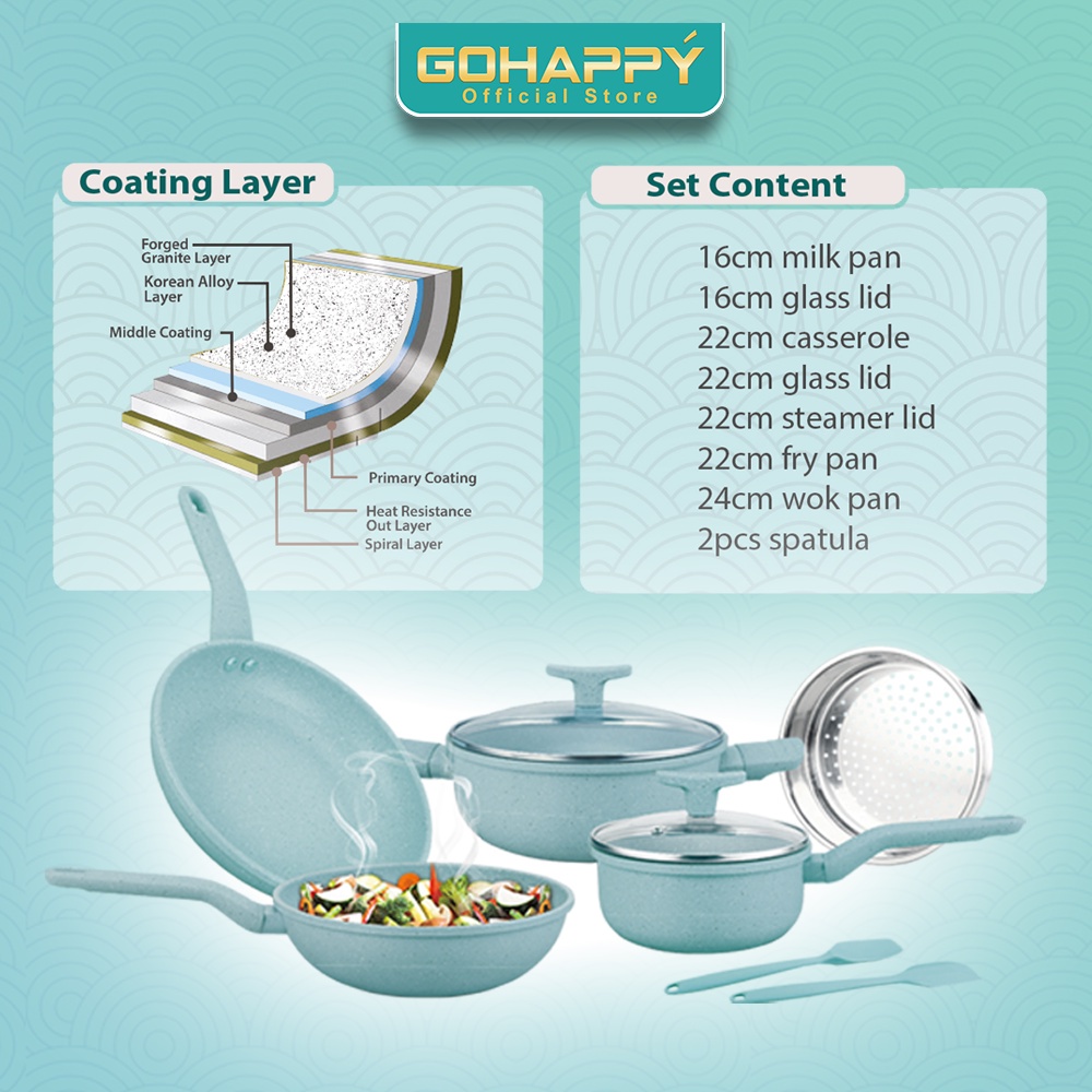 PANCI SET GOHAPPY 9 PCS GRANIT KOREA complately set korean - Soft touch handle - kompor gas