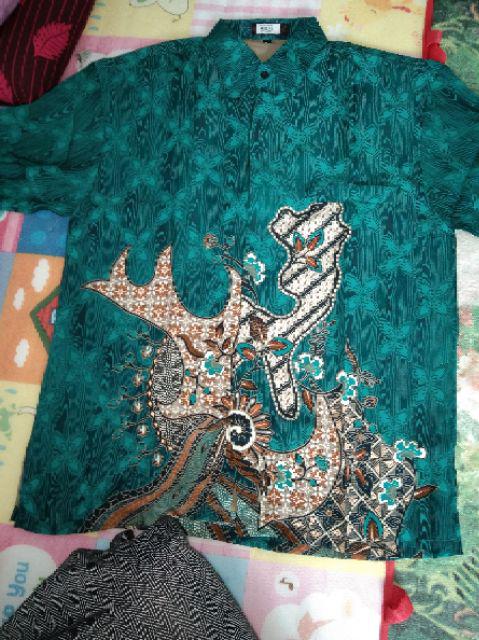 Eb Tradisional Kemeja Batik Kombi Semi Sutra Lengan Panjang Hijau Tosca