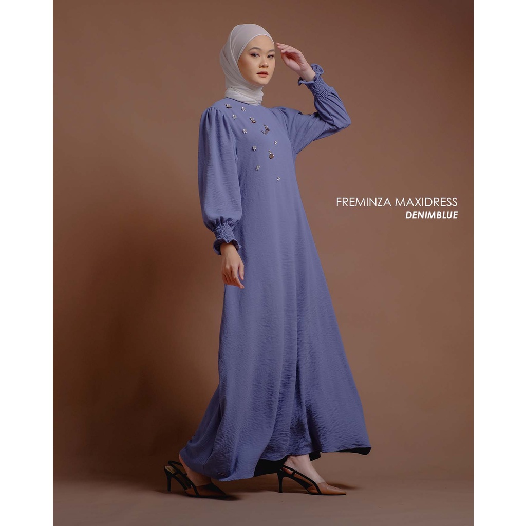 Mayoutfit Freminza Maxidress | Baju Lebaran Dress Gamis Payet Series Exclusive-Denimblue