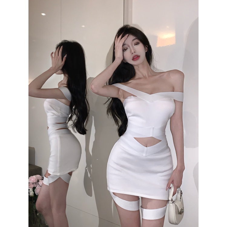 Setelan 2022 Baru Wanita Musim Panas Satu Bahu Rajutan Rompi Pinggang Tinggi Ketat Hot Gadis Tas Hip Rok Dua Potong Pasang