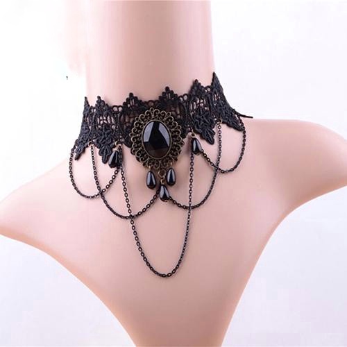 Kalung Wanita Choker Bentuk Rantai Renda Warna Hitam BLANs-1