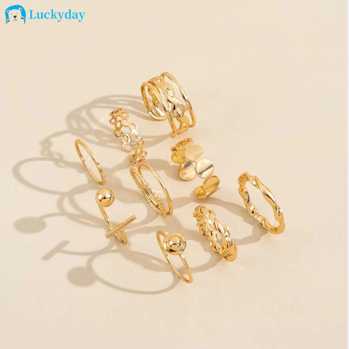 YEEZII 9pcs / Set Cincin Model Twist Hollow Warna Emas Gaya Retro Untuk Wanita