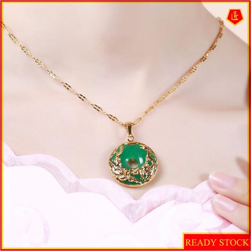 [Ready Stock]Fashion Gold-Plated Inlaid Emerald Pendant Dragon and Phoenix Necklace