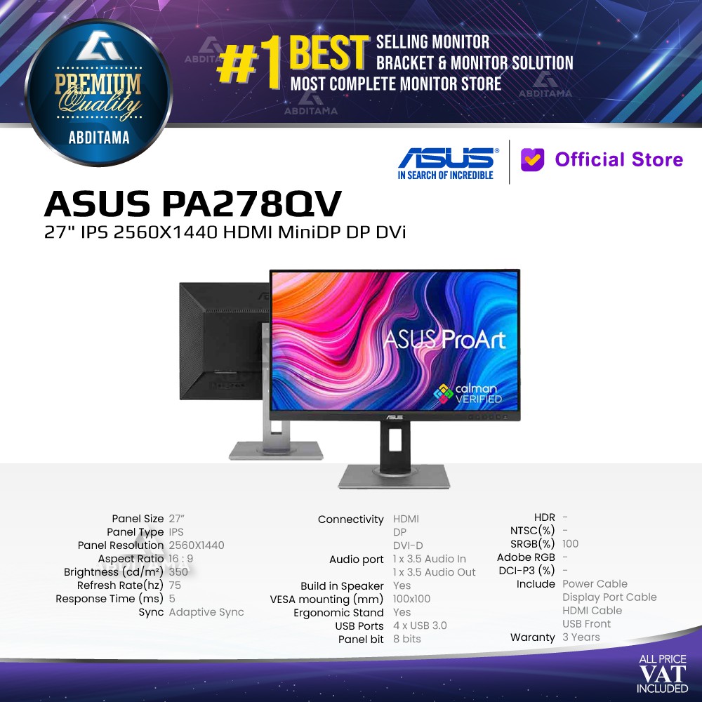 Monitor LED Asus Pro Art PA278QV 27&quot; IPS 2560x1440 HDMI MiniDP DP DVi