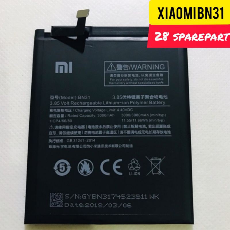 BATERAI/BATRE BN31 XIAOMI REDMI NOTE 5A/NOTE 5A PRIME/MI5X/MIA1/REDMI S2 ORIGINAL