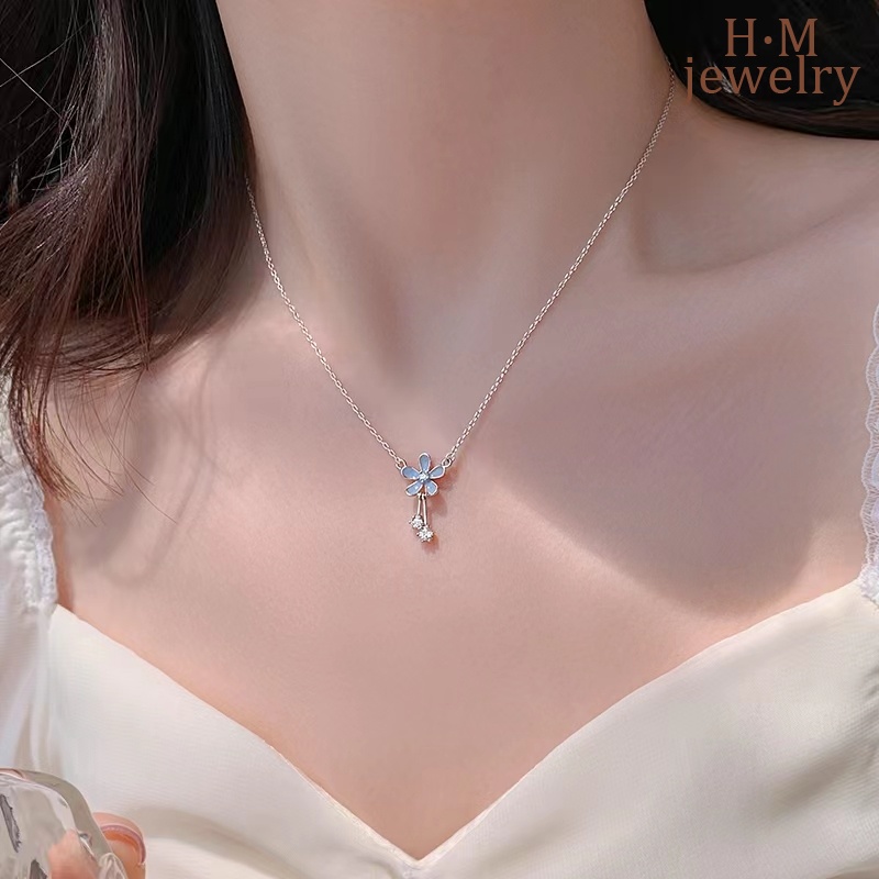 Kalung Collarbone Desain Bunga Biru Untuk Wanita