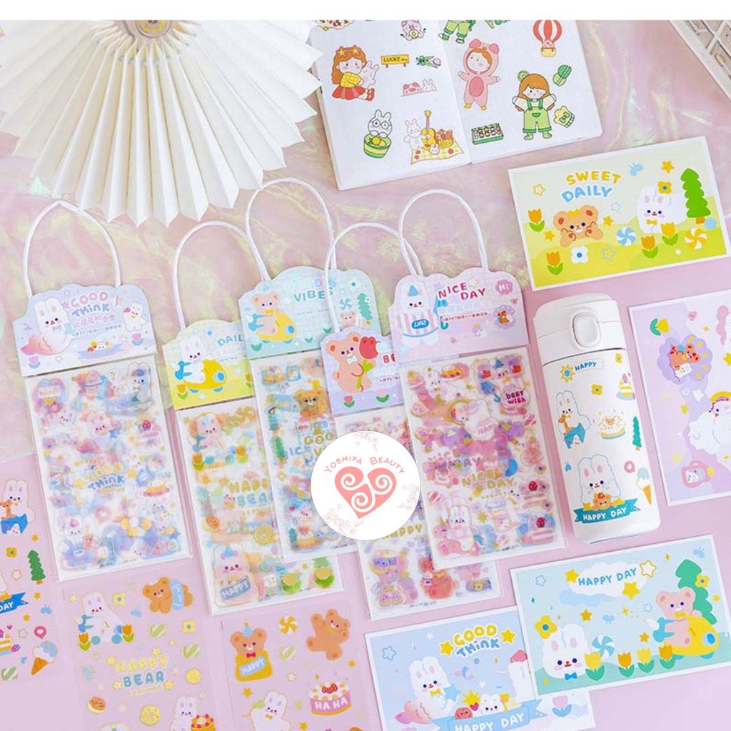 Sticker Tote Bag Lucu  Big 3 Sticker + Free 1 Kartu Pos | DIY Bahan PET Untuk Deco Scrapbook Diary Sticker Glitter Emas Lucu