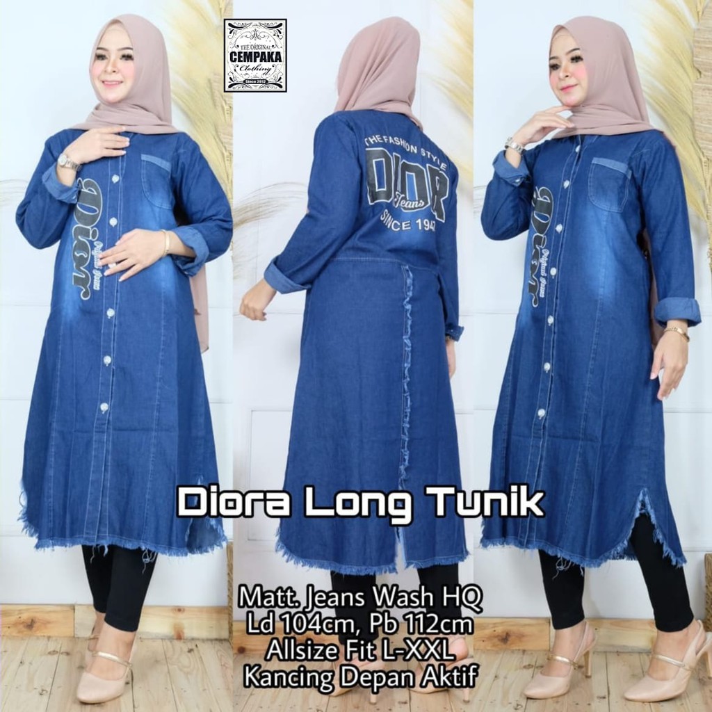Diora Long Tunik Wanita - Long Tunik Jeans - Long Tunik Jumbo Murah - Long Tunik Kancing (BUSUI)