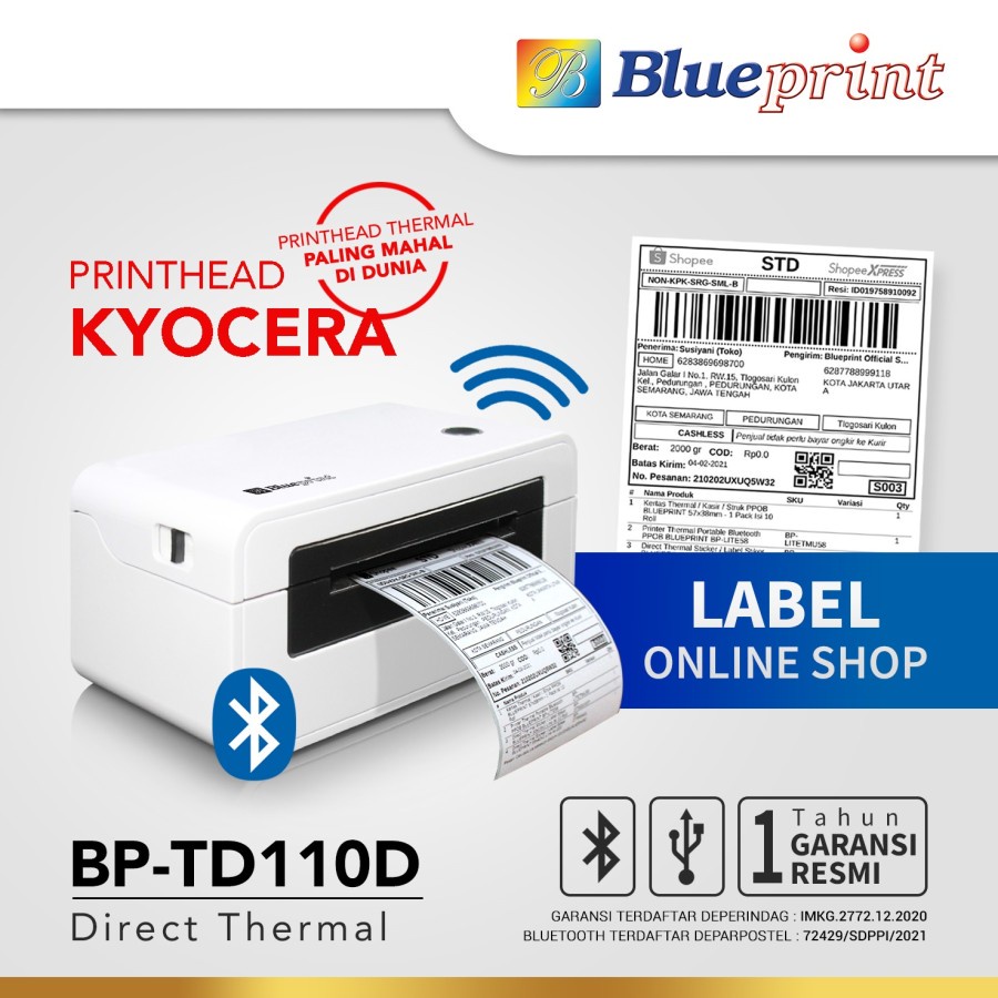 PRINTER BARCODE THERMAL BLUEPRINT TD110D USB BLUETOOTH - LABEL RESI A6