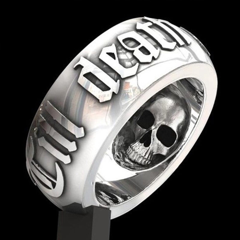 Cincin Desain Tengkorak Warna Hitam Dan Silver Gaya Punk Rock Gothic Untuk Pria