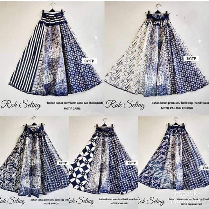 Rok Batik Cap Indigo Motif Seling Biru Kombinasi Bawahan Formal Wanita Casual Kantoran Katun Premium