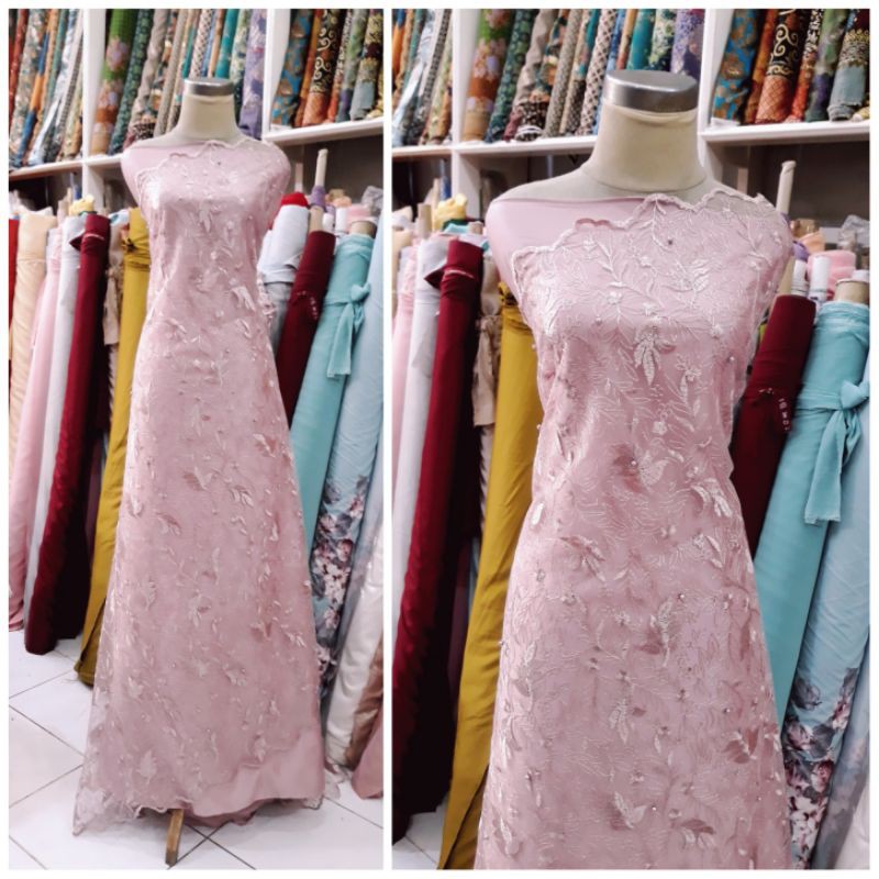 Bahan gaun gamis brukat tile akar mutiara motif daun abstrak warna  rose gold