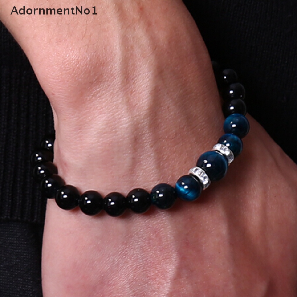 (AdornmentNo1) Gelang Tangan Manik-Manik Batu Obsidian Tiger Eye Hitam Untuk Pria