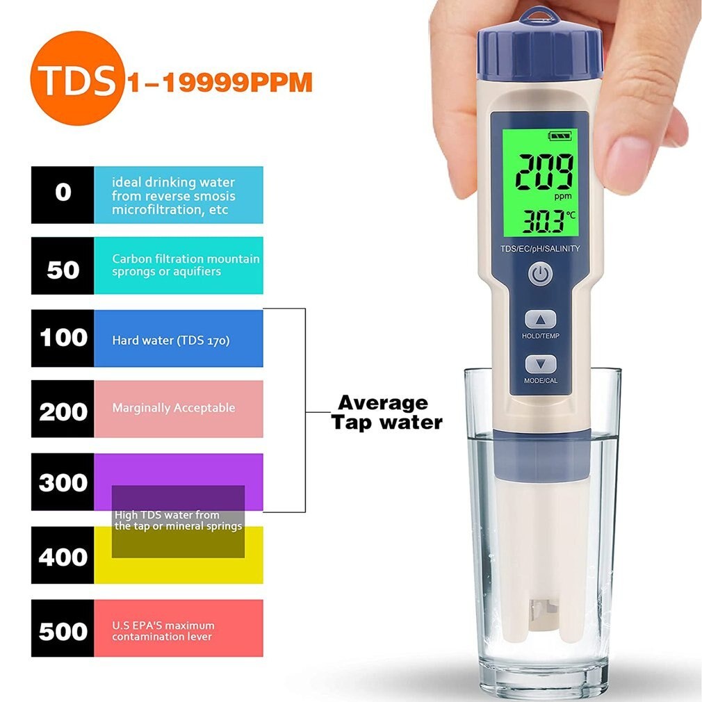 pH TDS EC Salinity Temperature Meter Tester Pen Waterproof 5in1 Digital Water Quality Tester EZ-9909SP