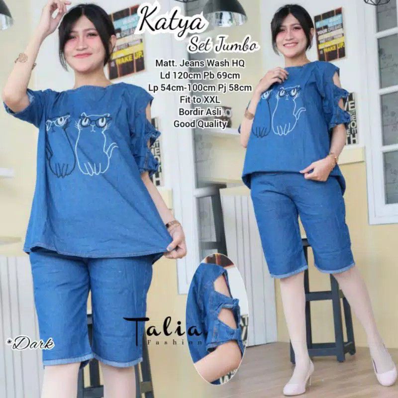 Caty Set Denim Stelan Jeans  Baju Santai Kekinian