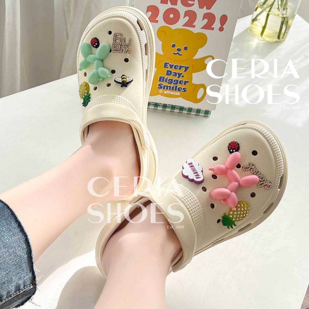 EVA Sandal Slop Wanita Bahan Karet Spons EVA Import Korean Super Empuk Ringan Elastis Tebal 5 Cm Jibbitz Ballons Non-Slip Sole Summer Sandals