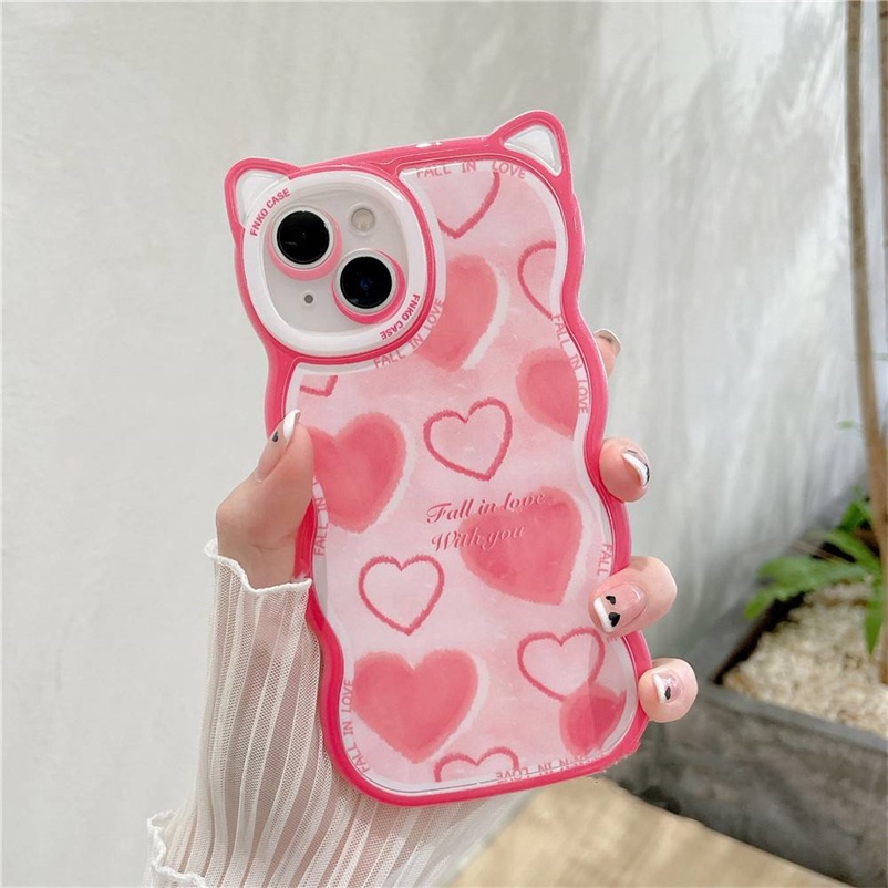 Soft Case Bahan Kulit Anti Jatuh Untuk Compatible for iPhone 14 13 12 11 Pro Max iPhone X Xr Xs Max SE 2020 iPhone 8 7 6 6s Plus Fashion Love Heart Transparent Phone Case Square Straight Cube Shockproof Cat Ear Phone Case Anti-fall Soft TPU Back Cover