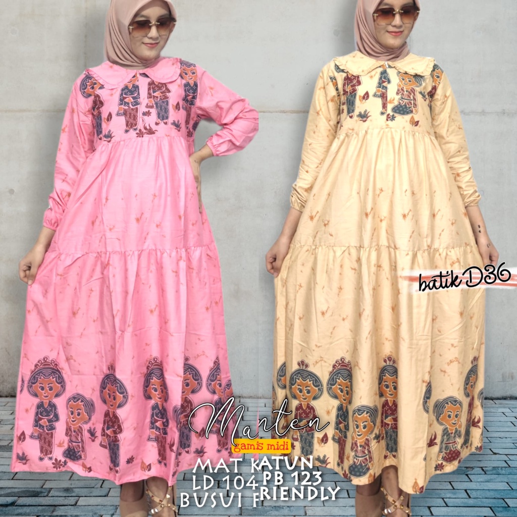 Gamis Midi Manten Batik Maxi Rempel Muslim Kartun Tejo Karakter Seragam Modern Kerja Casual Jumbo