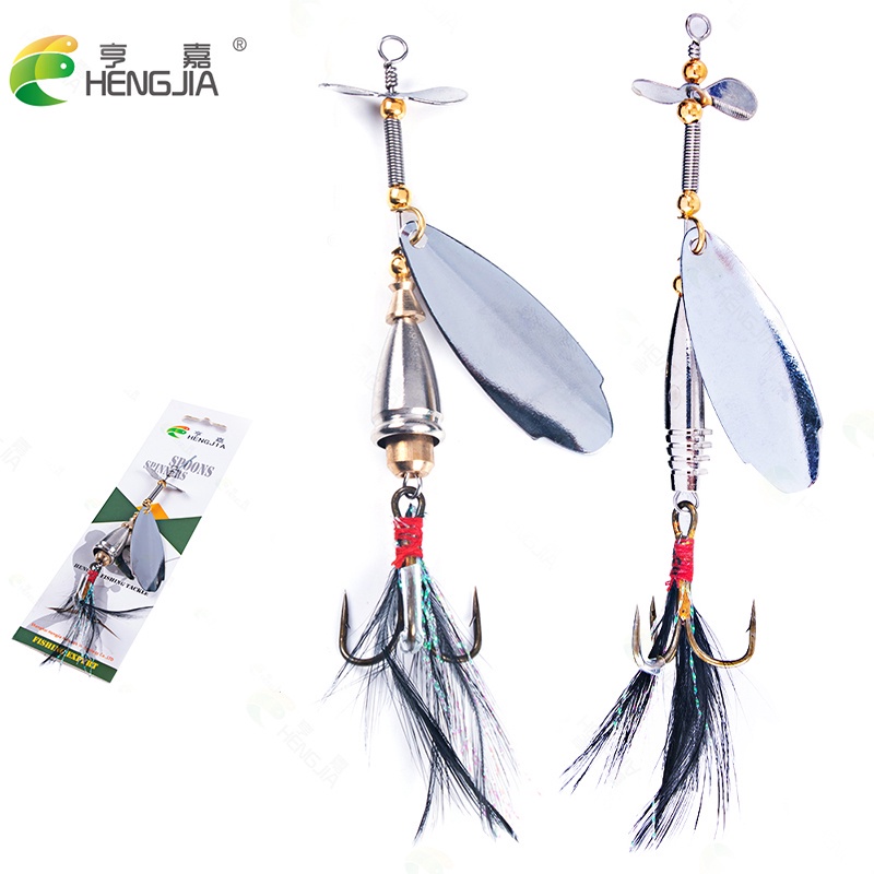 Hengjia 2pcs Umpan Pancing Spinner Metal 9cm / 11g 10cm / 12g Dengan Kail Treble &amp; Bulu