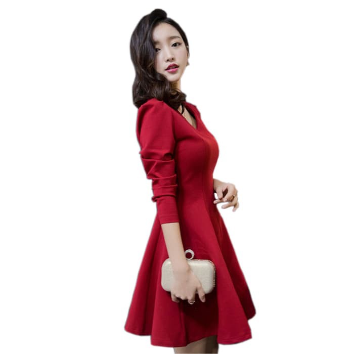 229 - Mini Dress V-Neck Lengan Panjang Korea